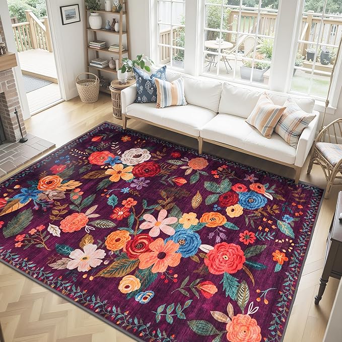 Washable Area Rug 8x10, Large Soft Rugs for Living Room Floral Purple Carpet 8x10 Area Rugs for Bedroom Dining Room Non-Slip Stain Resistant Under Table Rug (8 x 10, Purple Lawn)