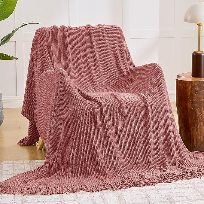 inhand Coral Pink Throw Blanket for Couch Bed,Chunky Chenille Woven Soft Warm Christmas Blankets Gifts for Women with Tassels, Cozy Boho Farmhouse Fall Winter Decor,50"x60",Extra Thick