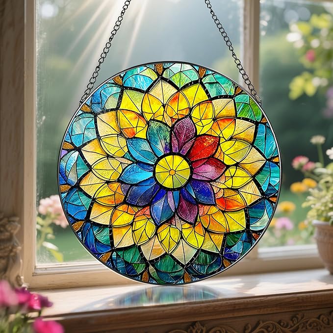 8'' Rainbow Mandala Sun Catcher Ornament, Stained Glass Window Hanging, Sun Catchers for Windows Hanging Ornaments, Window Decor, Ideal Gift | Colorful Spiritual Gifts for Her