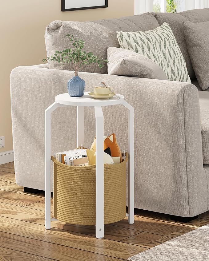 TUTOTAK Small Side Table, Round End Table, Night Stand, Bedside Table, Sofa Table with Storage Basket, Living Room, Bed Room, White and Beige TB01BWN092