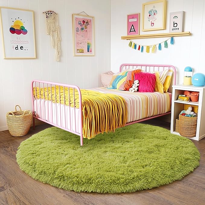 3'x3' Grass Green Round Rug for Bedroom, Ultra Soft Fluffy Circle Rug for Kids Girls Boys Room, Cute Small Shag Rugs for Living Room Playroom Tent Castle Home Decor Rug