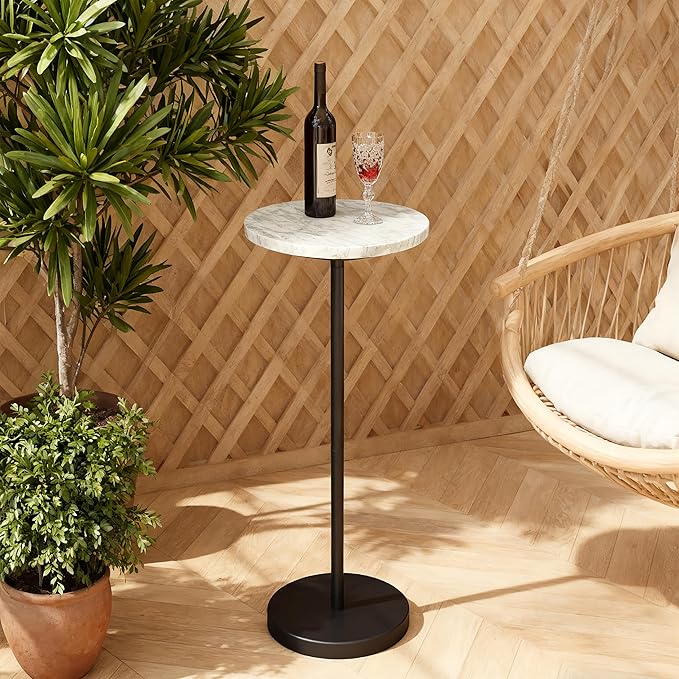 Nature Marble Drink Table, Pedestal Table, Small Round Side Table, Martini Table for Living Room, Bathroom, Small Space (Black 1)