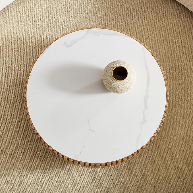 35.43" Round Coffee Table,Modern Handcraft Relief Drum Circle Wood Side End Accent Center for Living Room, Apartment, Oak