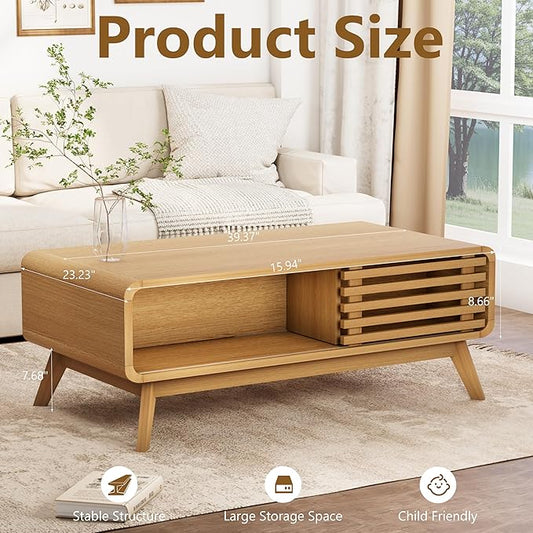 Coffee Table with Storage, Mid Century Modern Wooden Living Room Center Table, Furniture Farmhouse Wooden Coffee Table for Living Room, Oak