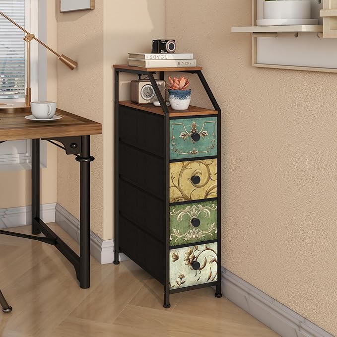 Tohomeor Narrow Dresser Tall Skinny Storage Tower Vertical Slim Chest of Drawers with Charging Station Small Nightstand Side Table for Bedroom, Bathroom, Small Spaces (Retro Flower, 4 Drawers)