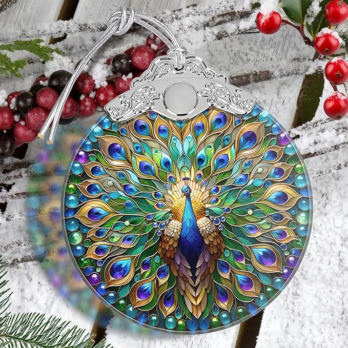 Peacock Christmas Ornament - Stained Glass Hanging Tree Decoration, Holiday Home Decor, Gift Idea - Peacock in Its Pride