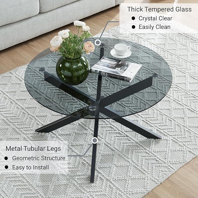 Round Glass Coffee Tables for Living Room, Home Office, Modern & Simple Center Table with Gray Tempered Glass Top, 35.5" Wx19.7 H Black