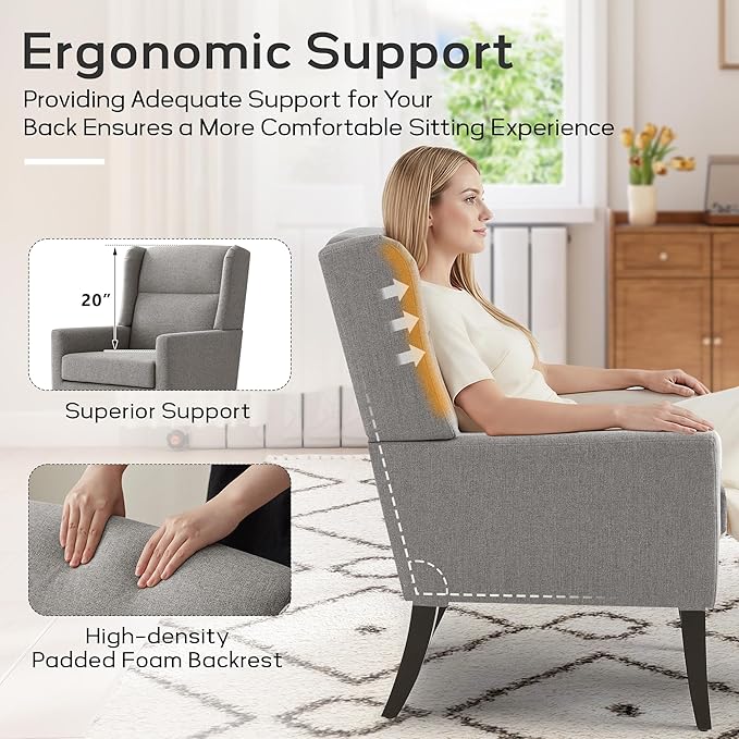 High Back Living Room Chairs, Fabric Accent Chair, Comfy Upholstered Armchair with Wooden Legs for Living Room, Bedroom, Apartment (1, Grey)