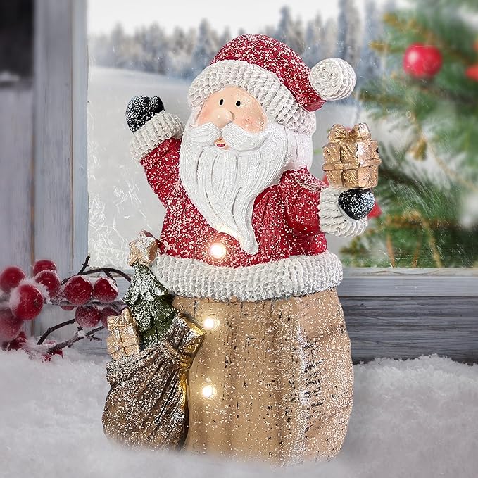 Santa Claus Statue with LED Lights for Christmas Decorations, Winter Holiday Decor for Shelf Bookshelf Fireplace Mantle Indoor Home, Christmas New Year Xmas Figurine