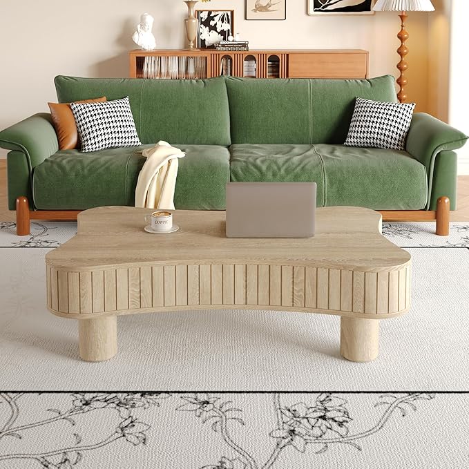 42.5" Lift Top Fluted Coffee Table with Hidden Storage Compartment, Modern Cloud-Shaped Wooden Center Table Cocktail Tea Table with Curved Safety Corners and Adjustable Height, Natural