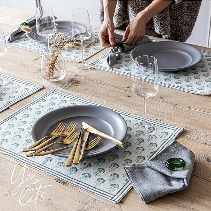 Over&Back Set of 4 Hand-Blocked Placemats - Colorful Dining Table Mat - Each Placemat is Unique - 100% Cotton - Machine Washable - Kitchen and Home Decor - Green Flower