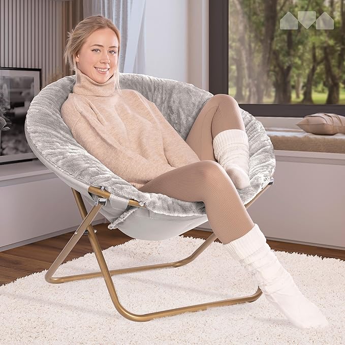 Milliard Saucer Chair for Adults, Teens & Kids, Light Grey, Faux Fur XL Circle Chair for Bedroom, Dorm & Gaming, Foldable Comfy Accent Seat for Small Spaces, Folding Moon/Mushroom/Round Style