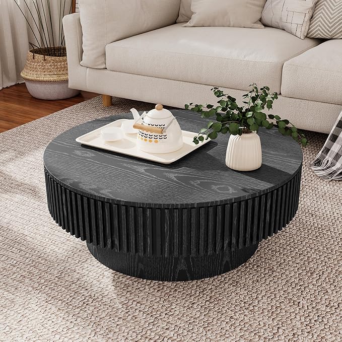 31.5 Inch Round Drum Coffee Table with Storage, Modern Handcraft Fluted Drum Coffee Table, Wooden Round Coffee Table Center Table with Sturdy Pedestal for Living Room Apartment (Black)