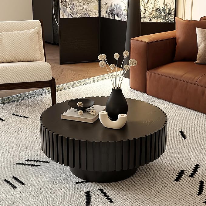 31.5" Round Drum Coffee Table, Modern Handcraft Fluted Drum Center Table, Wooden Round Coffee Table Center Table with Sturdy Pedestal for Living Room Apartment (Black)