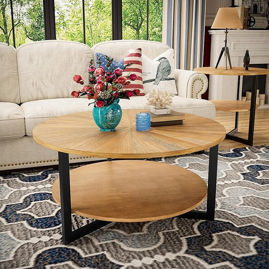 Round Coffee Table with Storage Shelf, 33.5in Circle Accent Center Table with Black Metal Legs, 2-Tier Industrial Cocktail Table for Living Room, Oak-1338OA