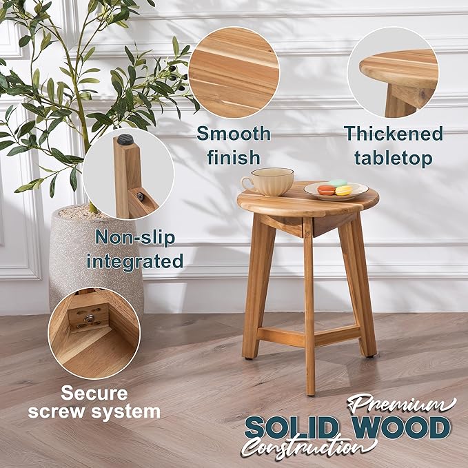 Round Side Table – Acacia Wood End Table for Living Room or Bedroom – Light Natural Wood Finish, Compact Nightstand or Accent Table for Sofas & Beds (13x16 x13 Inches)