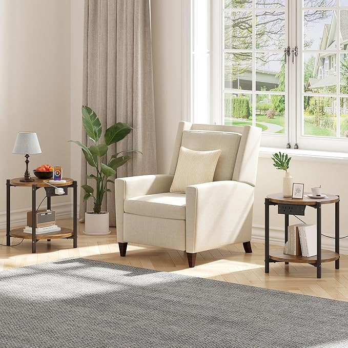 LIKIMIO Round End Tables, Set of 2, 16" W Small Round Side Tables with Charging Station, 2-Tier Modern Nightstands for Small Spaces, Living Room, Bedroom, Rustic Brown