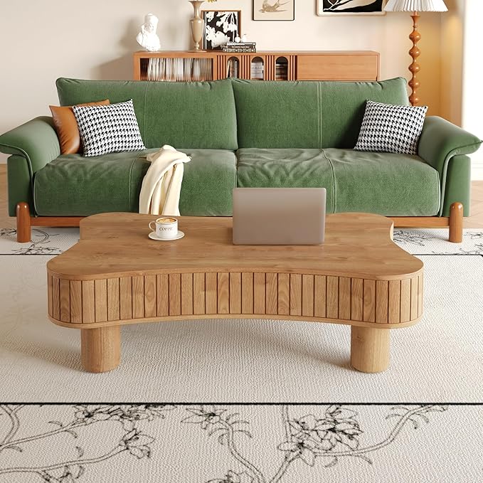 42.5" Lift Top Fluted Coffee Table with Hidden Storage Compartment, Modern Cloud-Shaped Wooden Center Table Cocktail Tea Table with Curved Safety Corners and Adjustable Height, Brown