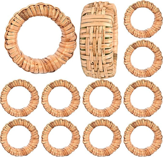 Boho Chic Dining décor Set of 12 - Handmade Napkin Rings Rustic Woven Rattan Napkin Holders for Dining Table, Weddings, Parties, Holiday Gatherings, and Everyday Use (Natural) - ALPHA Living HOME