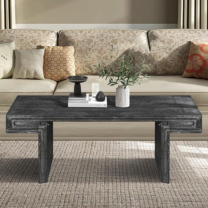 Coffee Table, 48" x 18" Rectangular Rustic Side Table Solid Wood Center Table Versatile Accent End Tea Table for Living Room Apartment, Black