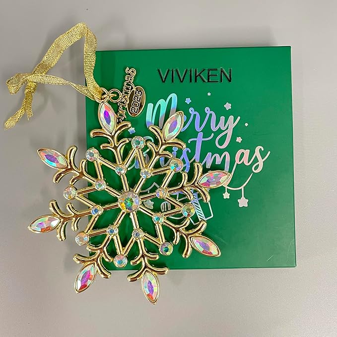 Christmas Snowflake Ornaments 2023 Decor for Christmas Tree Metal Hanging Rhinestones Glitter Crafts Snow Flake Decorations Indoor for Holidays Winter Home Window Room Door-Gold