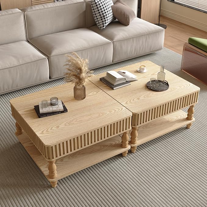 31.5" Lift Top Fluted Coffee Table with Hidden & Open Storage, Modern Square Wooden Center Table Cocktail Tea Table with Curved Safety Corners and Adjustable Height for Living Room, Natural