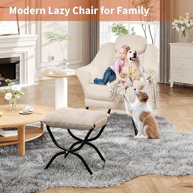 Living Room Chair Modern Accent Chair with Ottoman, Ergonomic Support, Foldable Footrest, Removable Washable Cover, Perfect for Bedroom and Living Room, Beige
