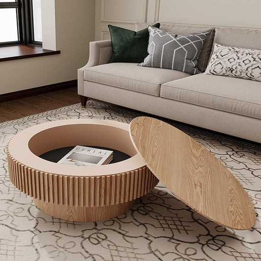 31.5 Inch Round Drum Coffee Table with Storage, Handcraft Fluted Drum Coffee Table, Modern Wooden Round Coffee Table Center Table with Sturdy Pedestal for Living Room Apartment (Natural)