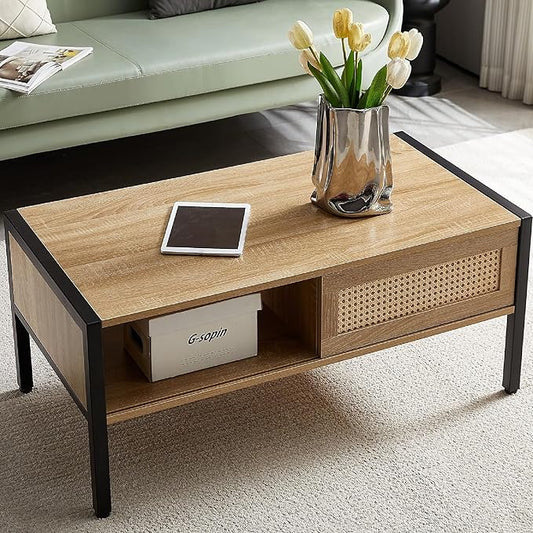 40.16" Modern Rattan Coffee Table with Sliding Door Storage, Metal Legs - Stylish Living Room Center Table, Rustic Brown Woven Design, Sturdy & Spacious