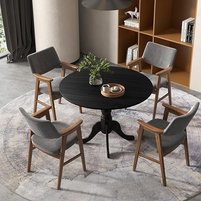 Giantex Round Dining Table, 39" D X 29" H, Rubber Wood Pedestal Table W/Round Tabletop & Curved Trestle Legs, 4-Person Dinner Table for Kitchen, Dining Room, Restaurant (Black)