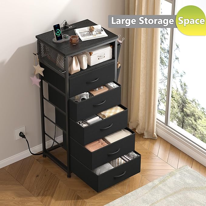 EnHomee Tall Night Stand Set 2 with 5 Drawers, LED Nightstand with Ports & Outlets, Bedside Table with Extra Side Bag & Storage Shelf & Hooks, Bedroom, Dorm, Closet