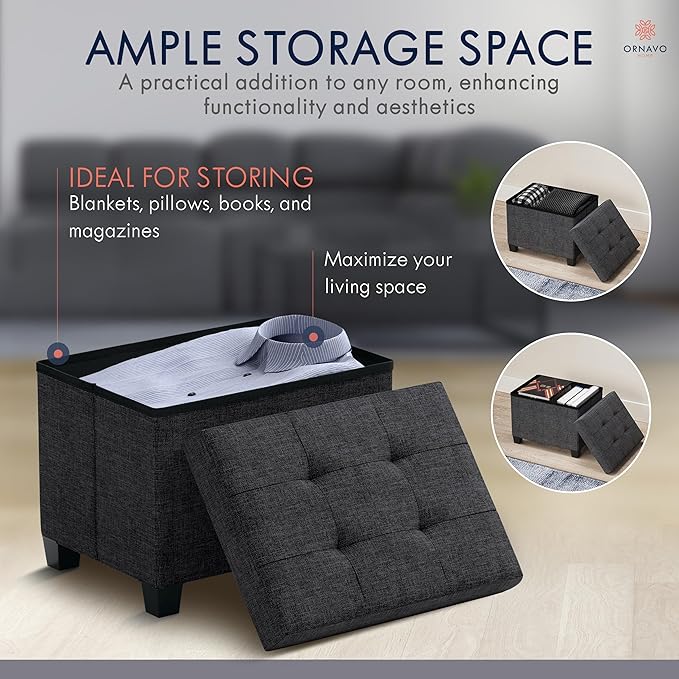 Ornavo Home Storage Ottoman Small Rectangle Ottoman with Legs, Foot Rest Stool Seat, Load up to 600 LB, for Living Room, Bedroom, Home Office, Dorm - 12 x 16 x 12, Black