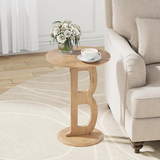Aoligrace Round Side Table, Modern End Table with Letter B Leg, Wooden Accent Table for Couch Small Coffee Tables Nightstand for Small Spaces Living Room Bedroom