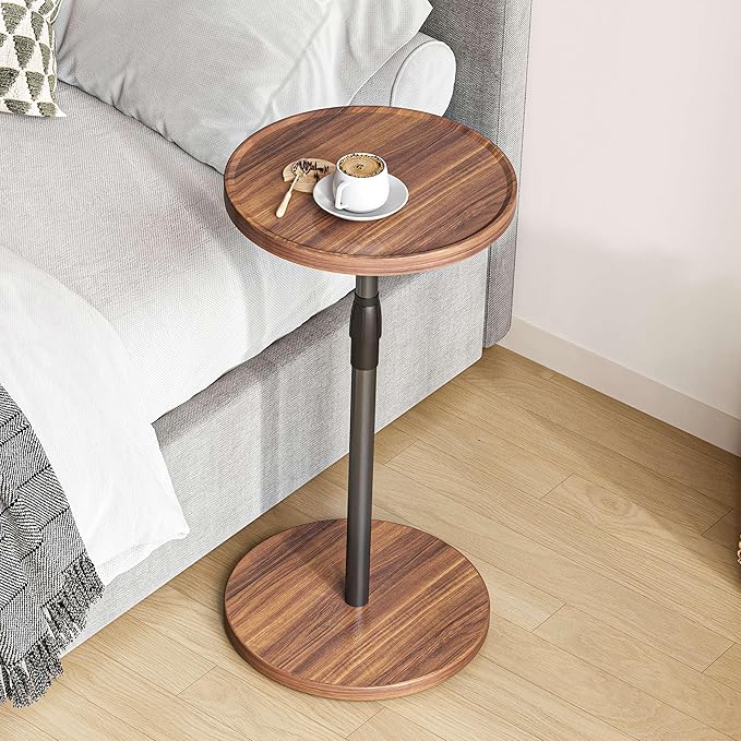 Adjustable End Table, Small Round Side Table, Drink Table for Small Spaces, Pedestal Nightstand for Living Room, Bedroom, Sofa Couch, Brown ET-010BR