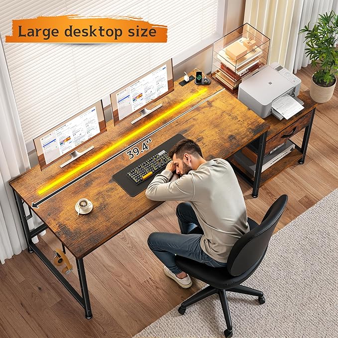 Computer Desk with Printer Shelf & Storage Shelves,56 Inch Gaming Desk with LED Lights & Power Outlet,Office Desk with Headphone Hook,Reversible Corner Desk for Small Space,Carbon