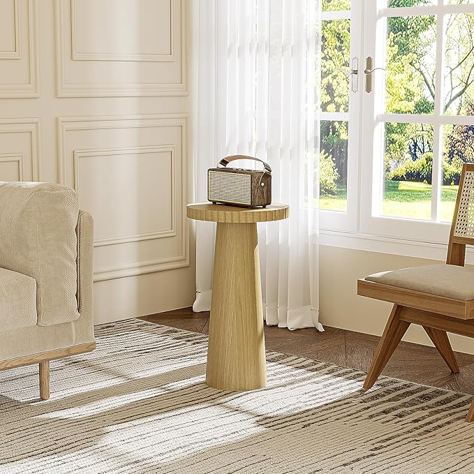 Pedestal End Table, Drink Table for Small Spaces, 10 x10 x 21.6 Wood Fluted Side Table Small Round End Table (1, Natural)