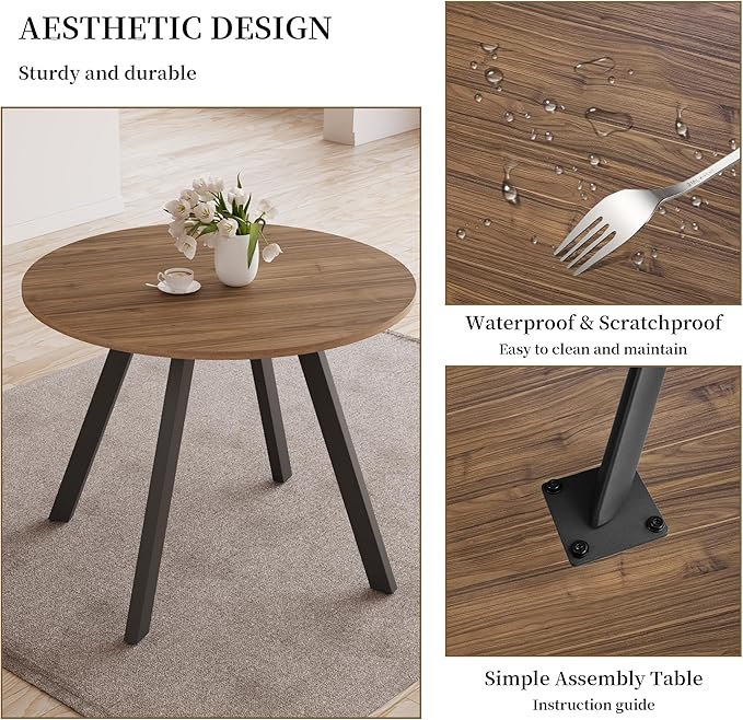 34.6'' Round Dining Table and Chairs for 4 Space Saving for Apartment Kitchen Dining Room (Walnut Table+4 U-Shaped Brown Chairs)