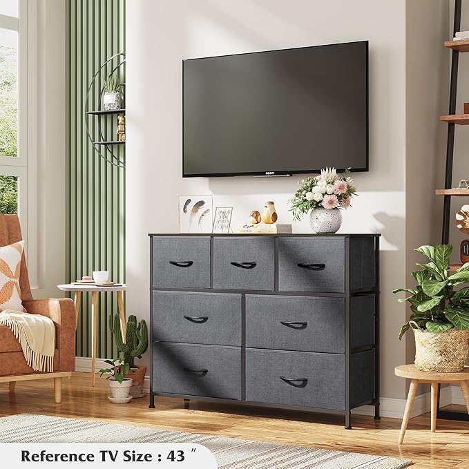 WLIVE 7 Drawer Dresser TV Stand, Entertainment Center, Media Console Table with Metal Frame and Wood Top for TV up to 45 inch, Chest of Drawers for Bedroom, Living Room, Dark Grey