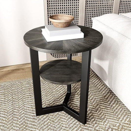 LEEMTORIG Round Side Table, 2-Tier End Table Nightstand with Metal Legs, Modern Bedside Couch Accent Table for Living Room, Bedroom, Office, Rustic Black/Black, 19.3 x 19.3 x 24 inches BZ-1338-BK