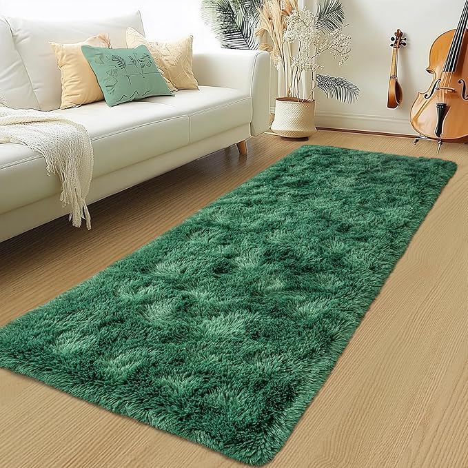 Fluffy Runner Rugs for Bedroom Hallways, 2x6 Runners for Hallways Fluffy Shag Throw Area Rug Non Slip for Bedside Dorm, Shag Rugs for Girls Boys Bedroom, Floor Carpet Runner for Kids Dorm, Dark Green