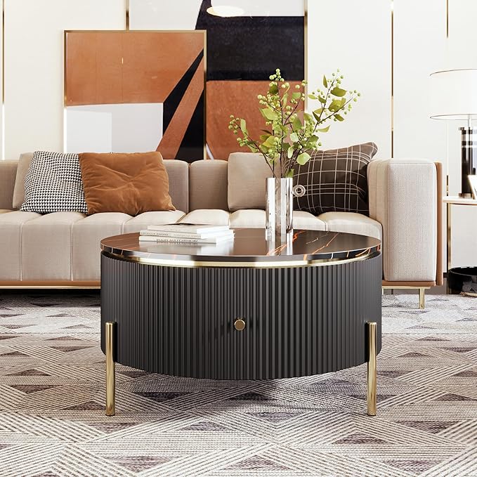 31.5" Round Coffee Table with Storage, Modern Round Coffee Table with 2 Drawers Storage Accent Table Round Black End Table for Living Room,Black