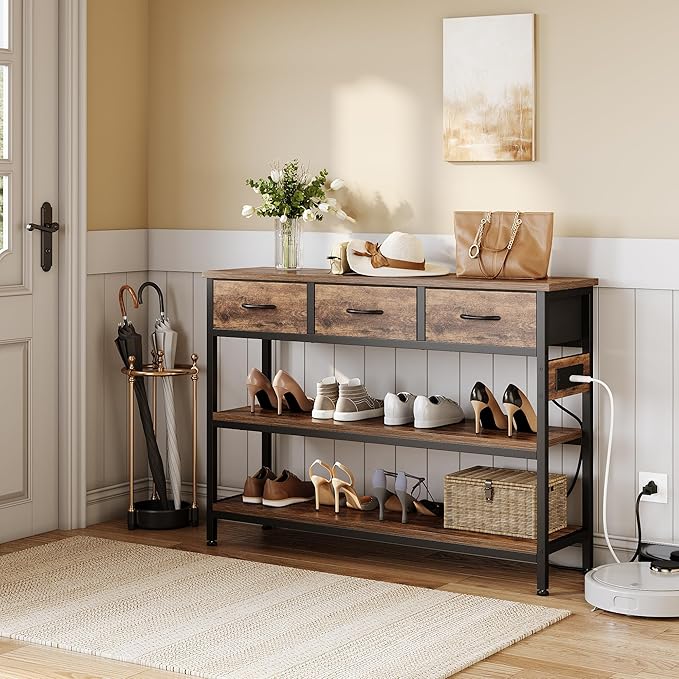 Lulive Entryway Table with Power Outlets, Console Table with 3 Fabric Drawers, Sofa Table for Living Room, Hallway, Couch, Foyer, Height Adjustable (Rustic Brown, 43")