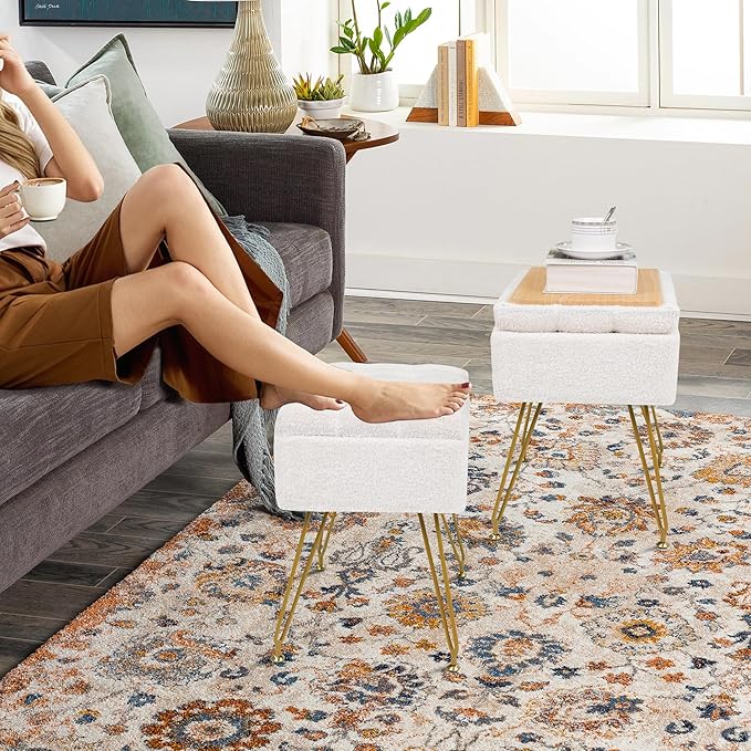 Vanity Chair with Storage, 15.7" L x 11.8" W x 17.7" H Teddy Velvet Vanity Stool with Coffee Table and Metal Legs, Multifunctional Makeup Stool for Vanity, Bedroom, and Living Room, White