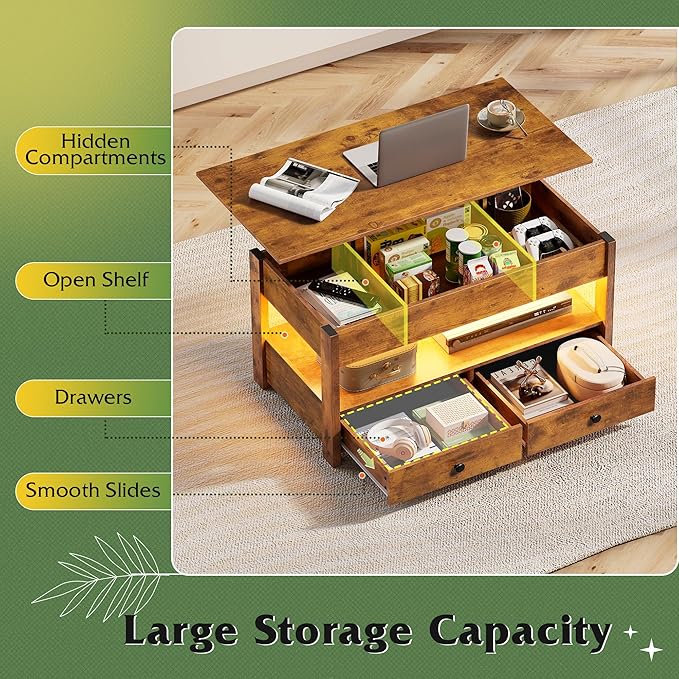 WLIVE Coffee Table, Lift Top Coffee Table with 2 Drawers, LED Light, Large Hidden Compartment and Open Shelf, Lift Tabletop, Dining Table for Living Room, Rustic Brown