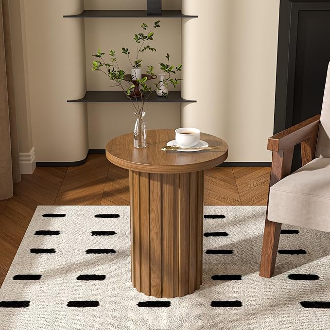 Farmhouse Pedestal End Table Round Side Table with Fluted Panel Rustic Drink Table for Small Space Living Room (Walnut)