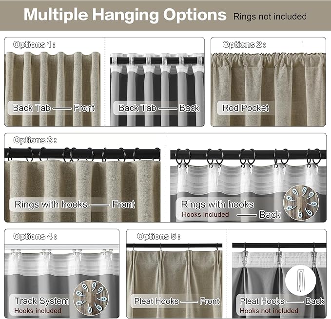 RAIN CITY Blackout Linen Blend Curtains 96 Inches Long 2 Panels, Black Out Drapes for Bedroom Living Room, Back Tab and Rod Pocket,Pinch Pleat Style with Hooks, Light Taupe, 50" Wide and 96" Length