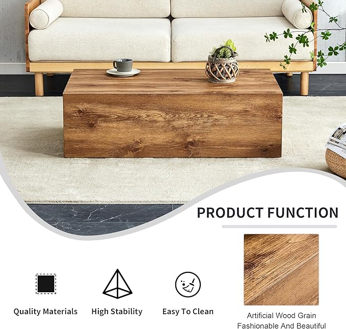 39.3" Rectangular Wood Coffee Table, Modern Coffee Tables in Wood Finish for Living Room, Contemporary No Assembly Wooden Center Cocktail Table for Bedroom, Reception Room