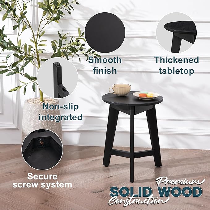 Round Side Table – Solid Acacia Wood End Table for Living Room or Bedroom – Black Wood Finish, Compact Nightstand or Accent Table for Sofas & Beds (13 x 16 x 13 Inches)