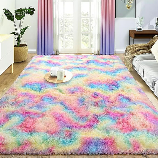 Super Fluffy Rug for Bedroom, 4x6 Shag Fuzzy Area Rug for Living Room Bedroom, Plush Soft Carpet for Girls Boys Kids, Non Slip Throw Rugs for Dorm, Modern Home Decor Aesthetic, Rainbow