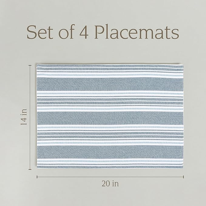 Over&Back Set of 4 Woven Placemats - Colorful Dining Table Mat - 100% Cotton - Machine Washable - Kitchen and Home Decor - Blue - 14" L X 20" W